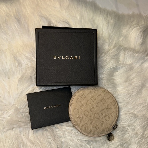 Pre owned  BVLGARI cream taupe Leather trim cream canvas Round MAMMET Coin Purse - Picture 6 of 7